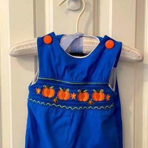 Fall Pumpkin Smocked Blue Longall Overall  6-12 months